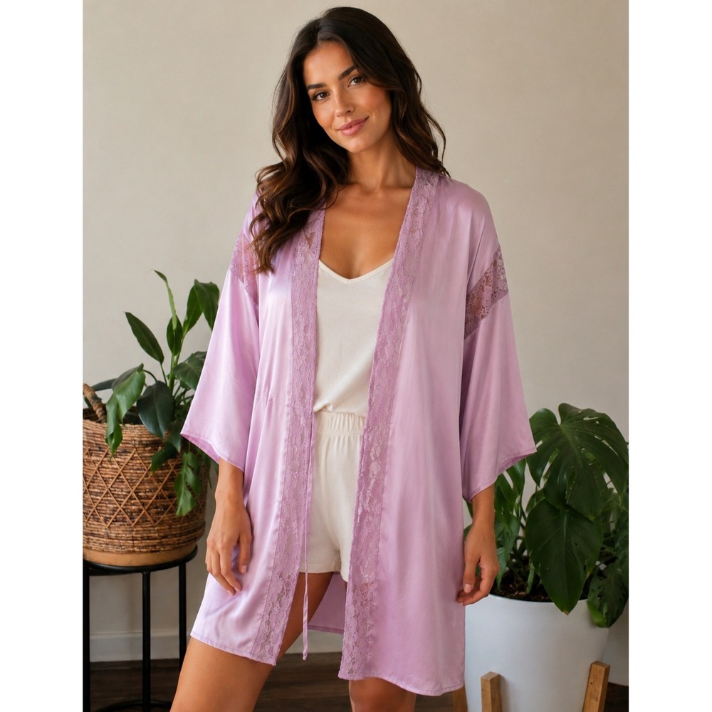 WinterSilks‎ Womens Mauve 100% Silk Lace Trim Kimono Robe Size M Lavender